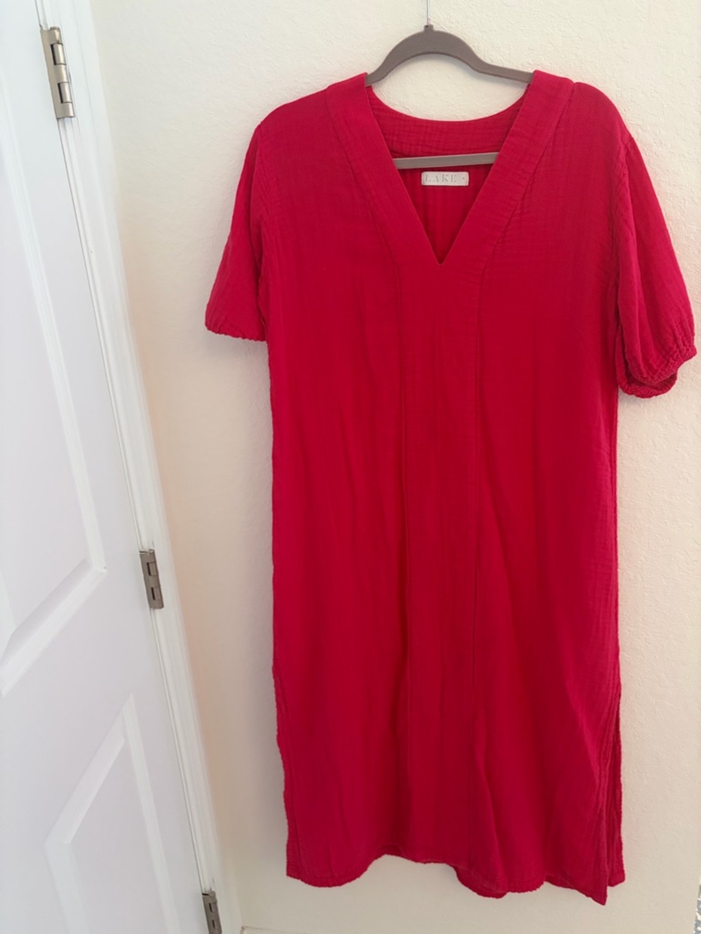 Bright Red V-Neck Gauze Caftan Maxi Dress by LAKE